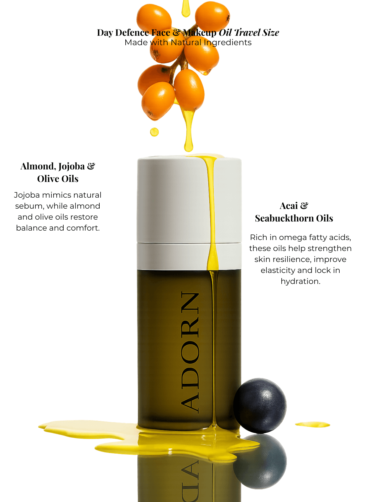 Adorn skincare product with natural oils and ingredients on a reflective surface