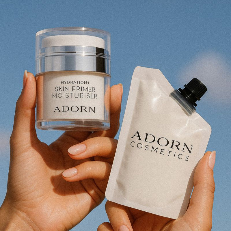 Two natural skincare products from Adorn Cosmetics held against a blue sky.