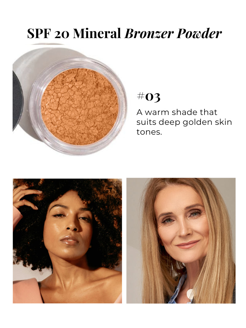 SPF 20 Mineral Bronzer Powder with two models wearing the product.