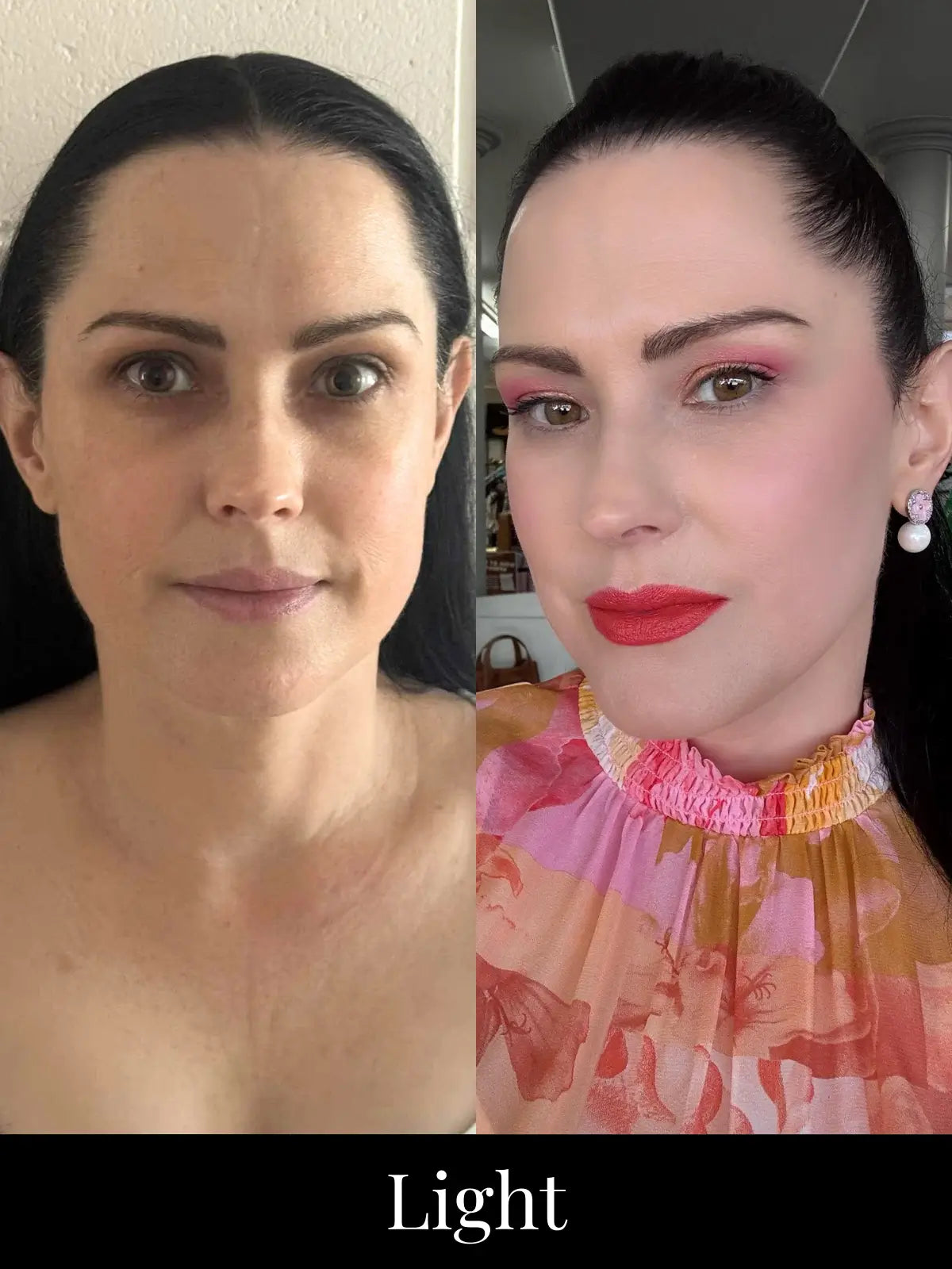Before and after makeup transformation of a woman with vibrant makeup and colorful dress.