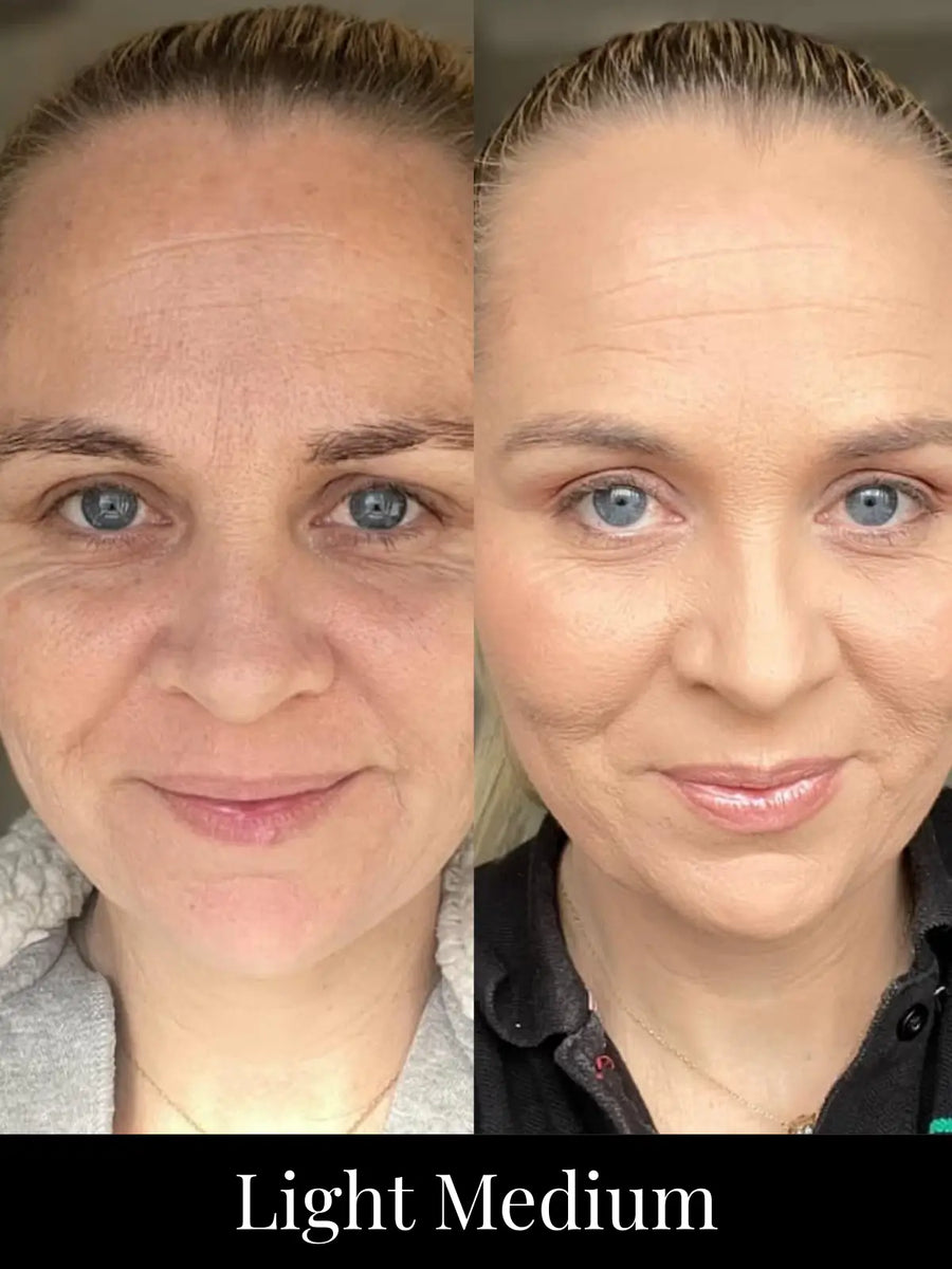 Before and after comparison of a woman's face with text 'Light Medium' below.