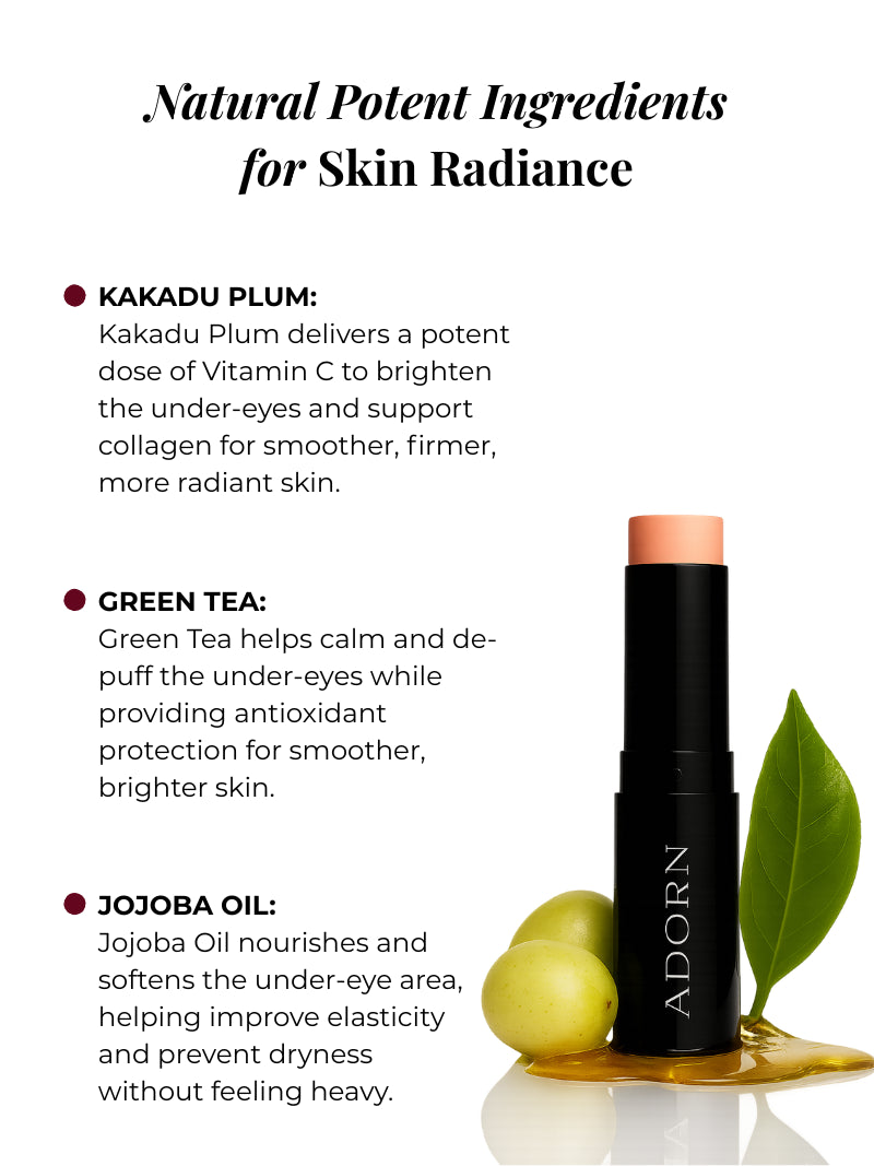 Product stick with natural ingredients for skin radiance, featuring Kakadu Plum, Green Tea, and Jojoba Oil, on a white background.