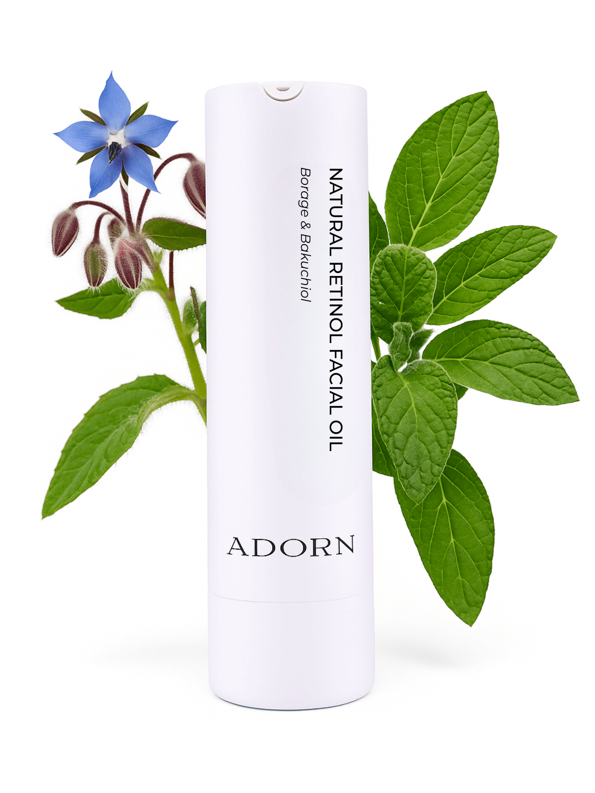 Adorn natural retinol facial oil bottle with borage and balsam flowers on a white background