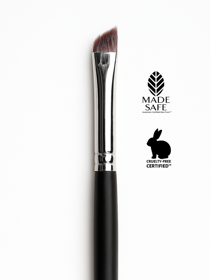 Angled Liner Brush makeup brush with 'Made Safe' and 'Cruelty-Free Certified' logos on a white background