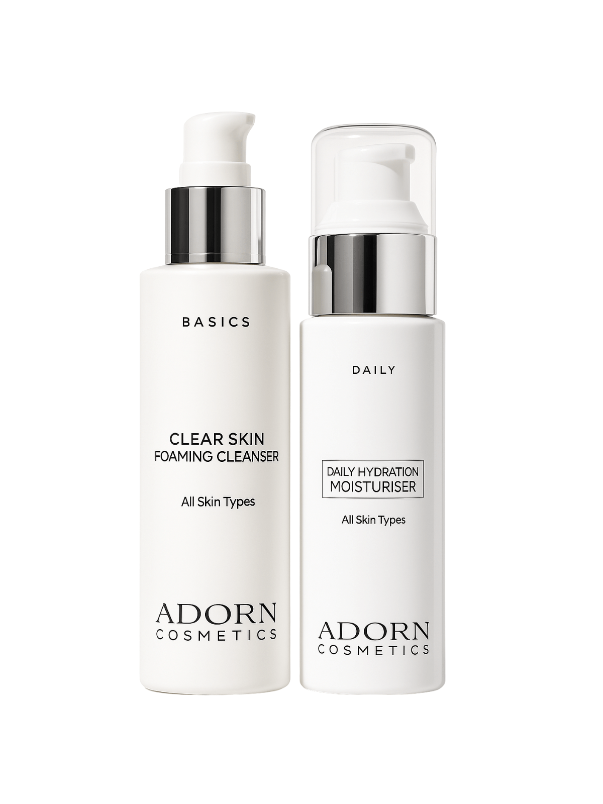 Two skincare bottles of foaming cleanser and moisturiser from Adorn Cosmetics on a white background