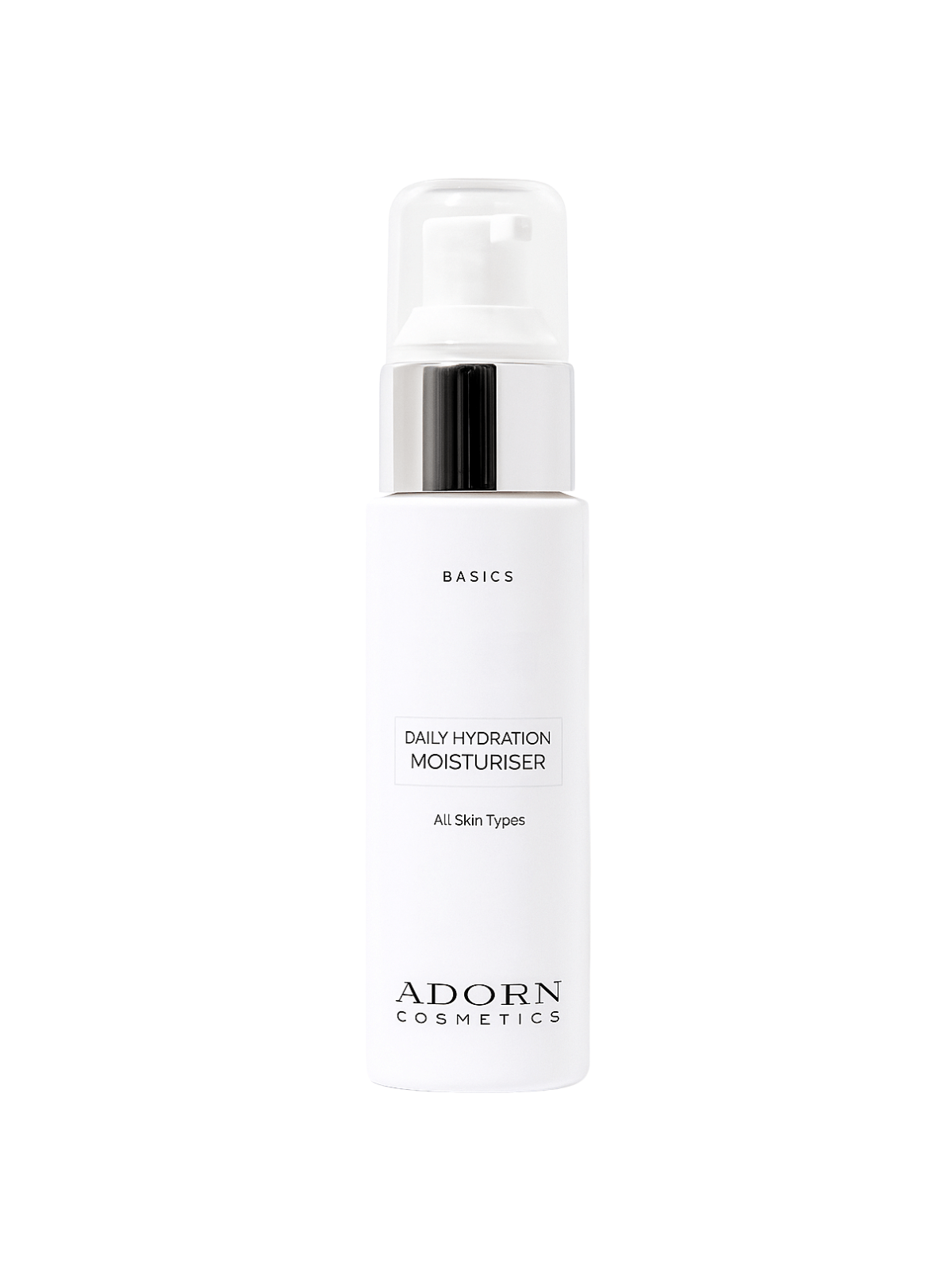 Daily hydration moisturiser bottle by Adorn Cosmetics on a white background