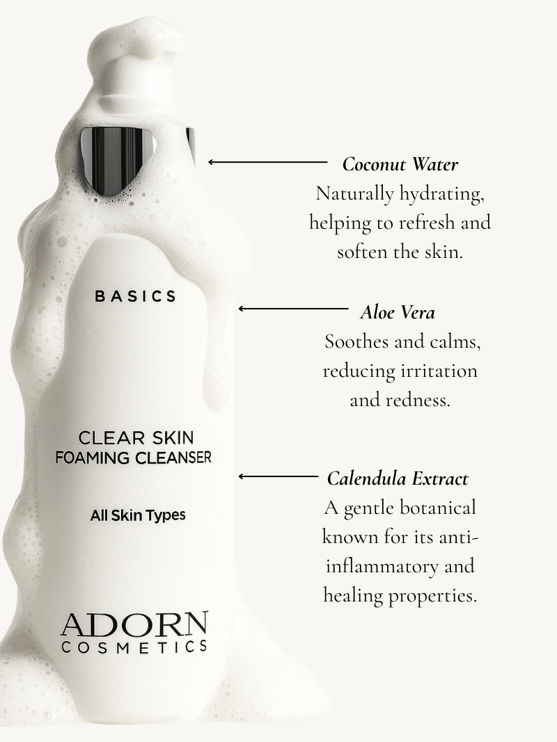 Clear skin foaming cleanser with ingredients listed on a white background, featuring Adorn Cosmetics branding.