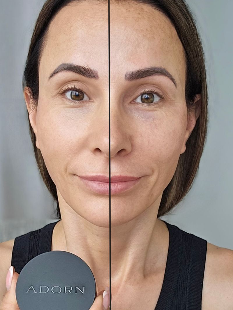 Before and after comparison of a mature woman's face using mineral foundation with a product labeled 'ADORN'.