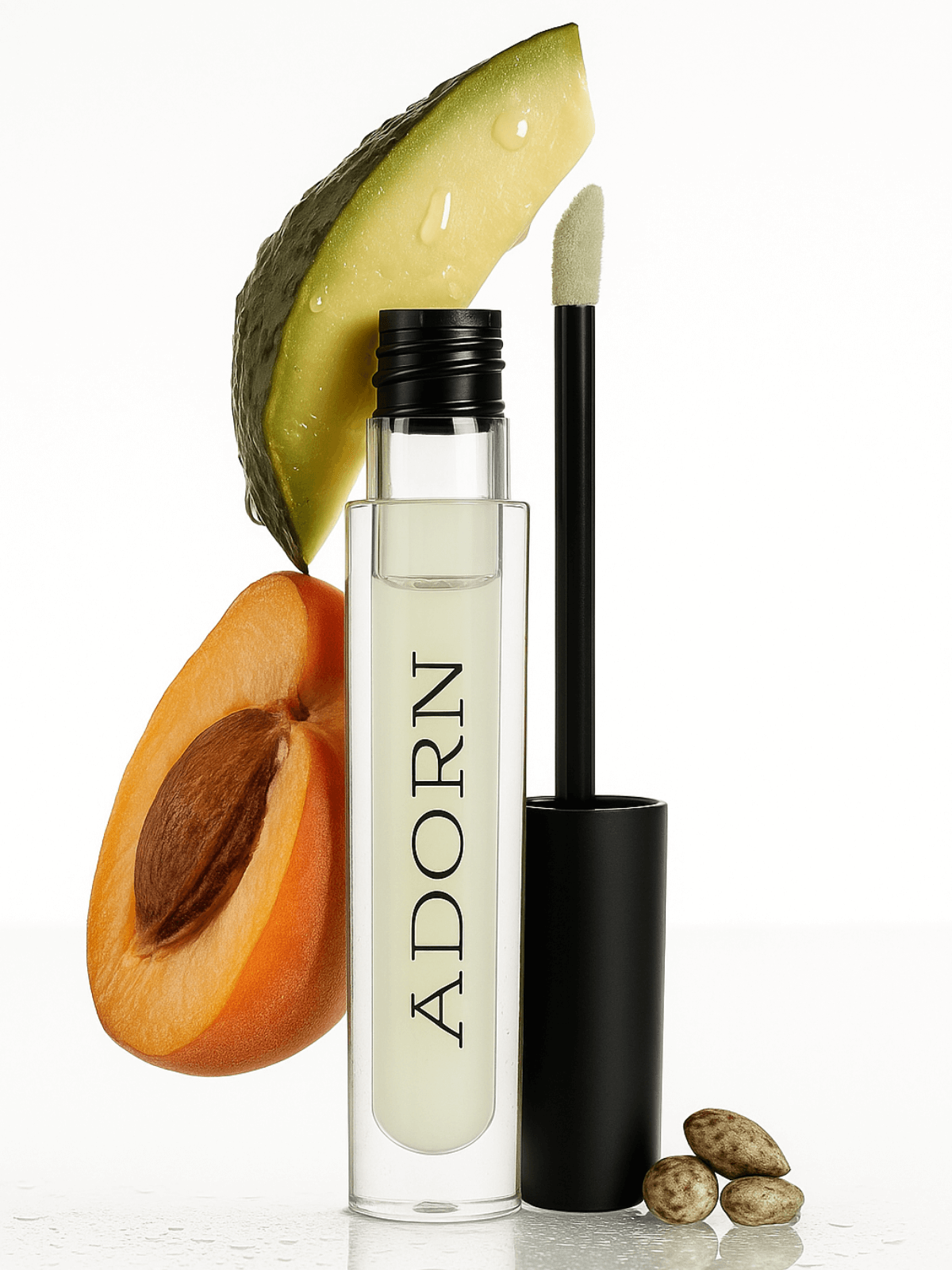 Lip balm with 'ADORN' branding next to an apricot and avocado on a white background