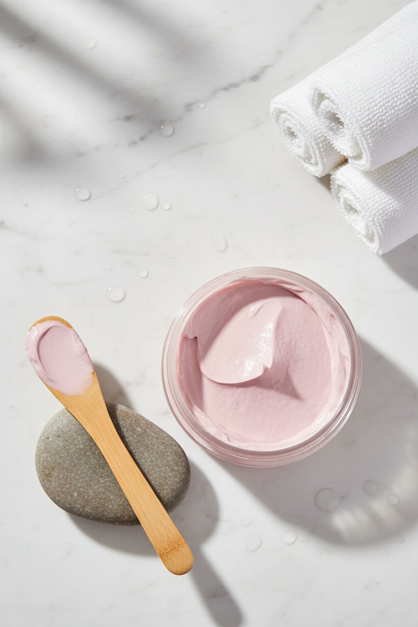 Natural pink clay face mask texture — Adorn refillable mature skin treatment