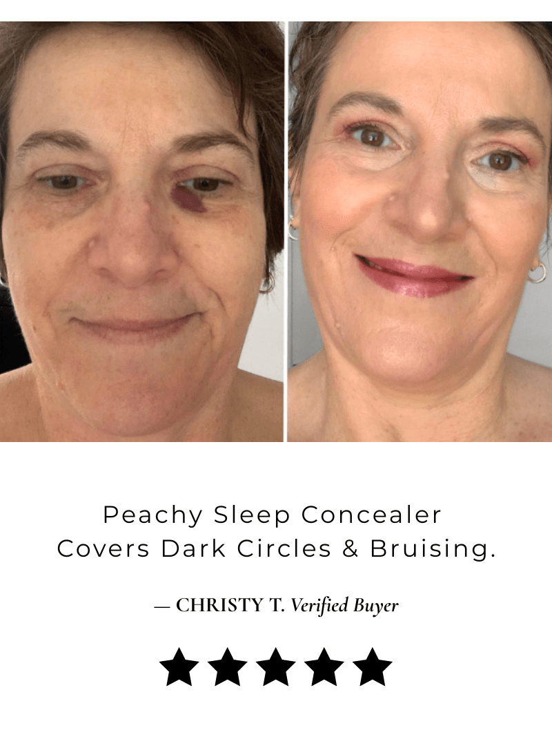 Natural mineral concealer for dark circles showing a woman with birth being covered before and after.