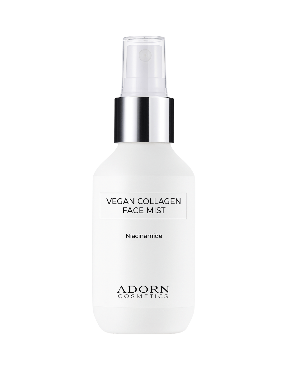 Vegan collagen face mist bottle with silver cap on a white background