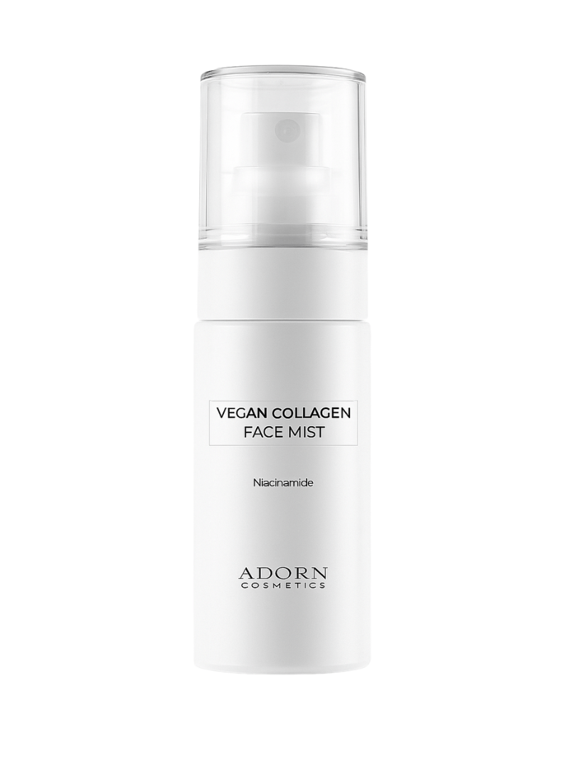 Vegan collagen face mist bottle by Adorn Cosmetics on a white background