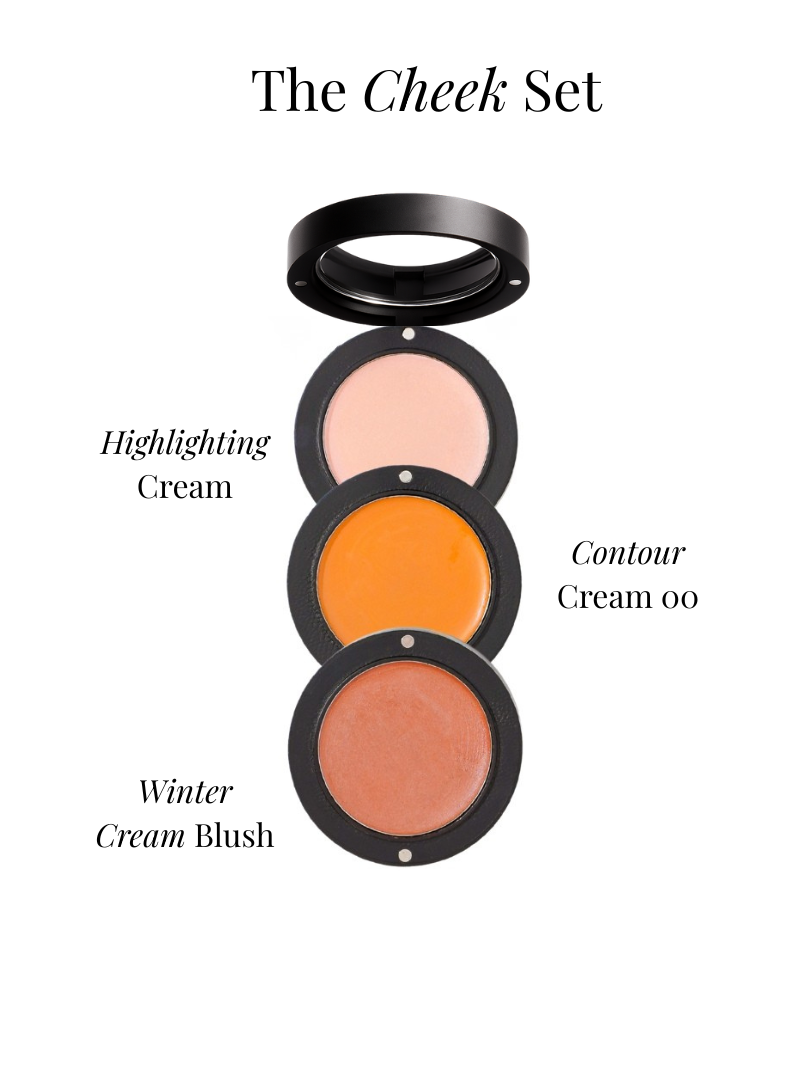 Mineral makeup set flatlay on a white background with detailed descriptions.  Featuring cream highlighter, contour cream and cream blush. Shop from Adorn Cosmetics