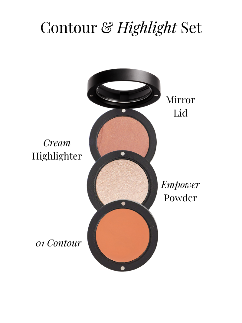 Makeup stack with contour and cheek highlight set on a white background from Adorn Cosmetics.