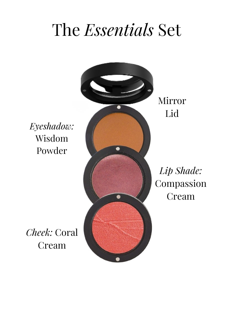 Mineral makeup set, The Essentials Set, flatlay on a white background with detailed descriptions.  Featuring mineral eyeshadow, mineral lipstick shade and cream blush in coral shade. Shop from Adorn Cosmetics