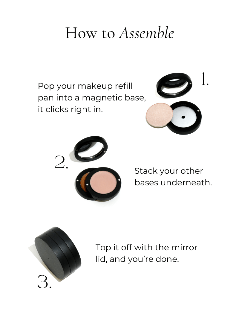 Detailed description on how to refill the best mineral makeup compact stack on a white background. Available now from Adorn Cosmetics.