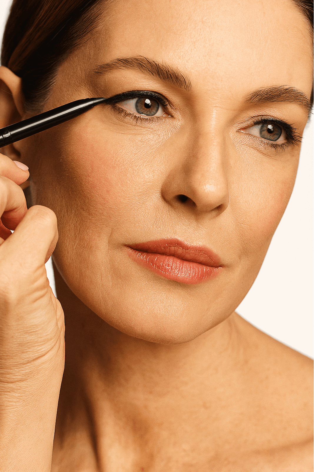 Mature woman applying long-wear eyeliner — Adorn mineral pencil