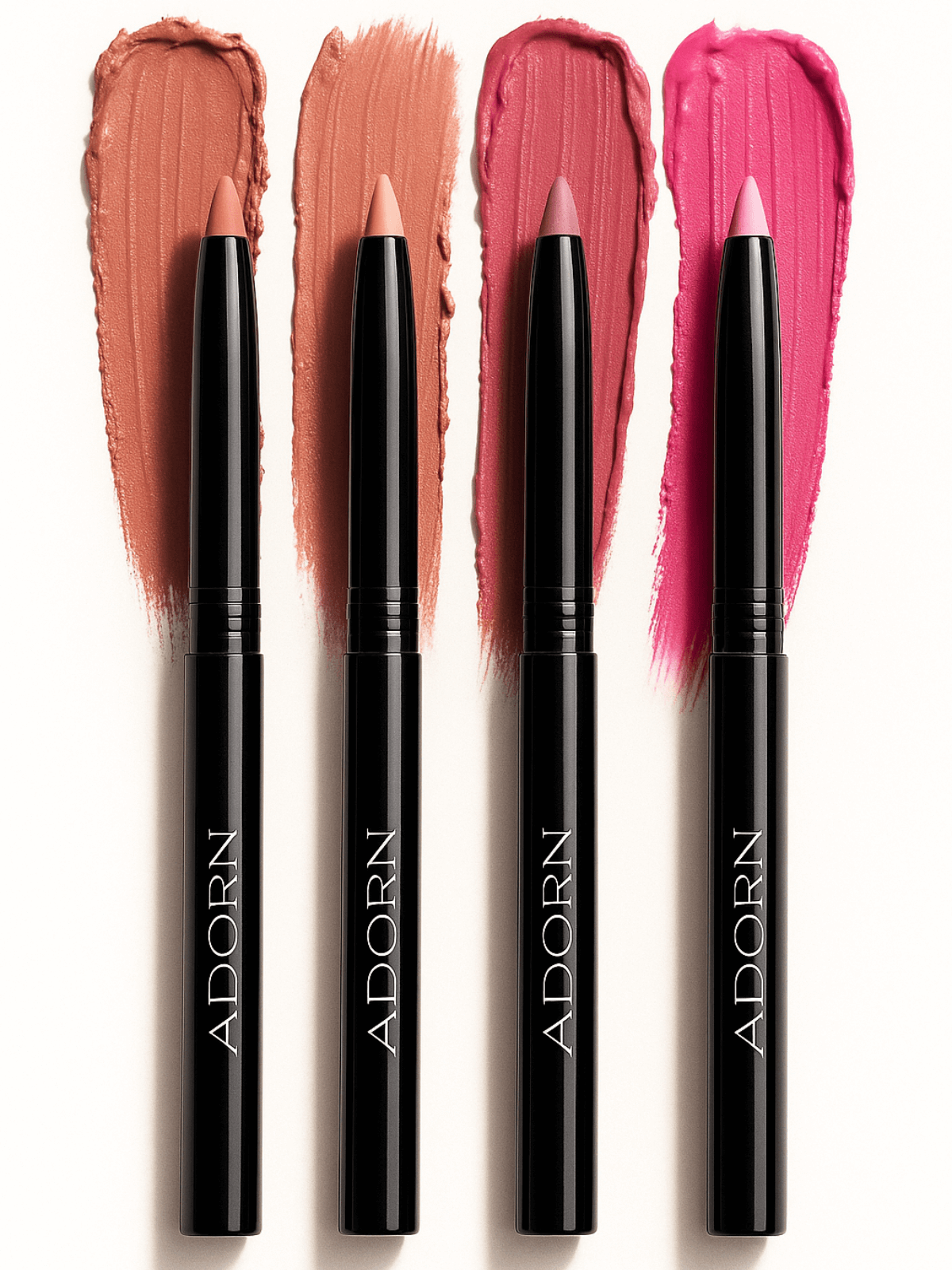 Four lip liners best pencils with color swatches on a white background, branded 'Adorn'.