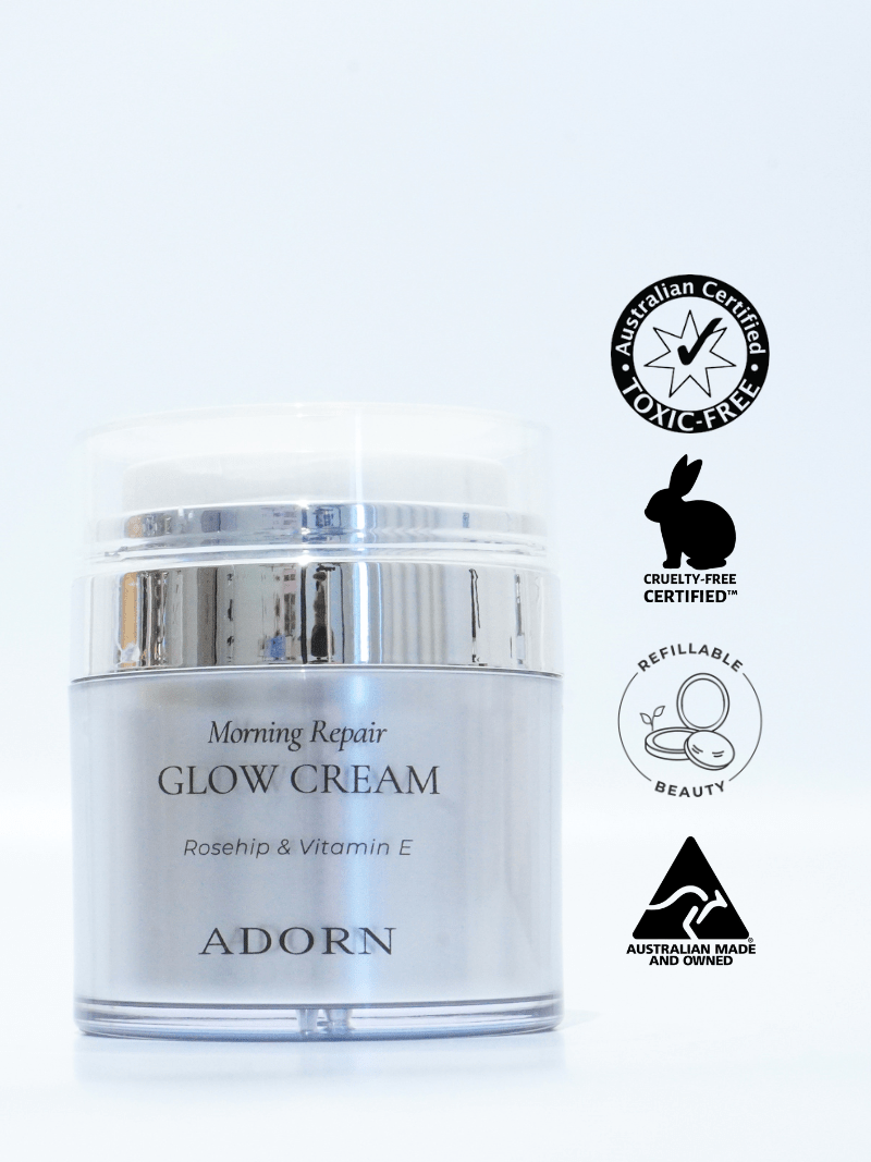 best day cream for mature skin jar labeled 'Morning Repair Glow Cream' by 'Adorn' with certification logos on a white background.