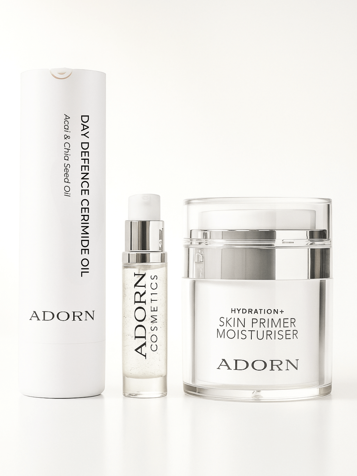 Adorn Cosmetics skincare products on a white background