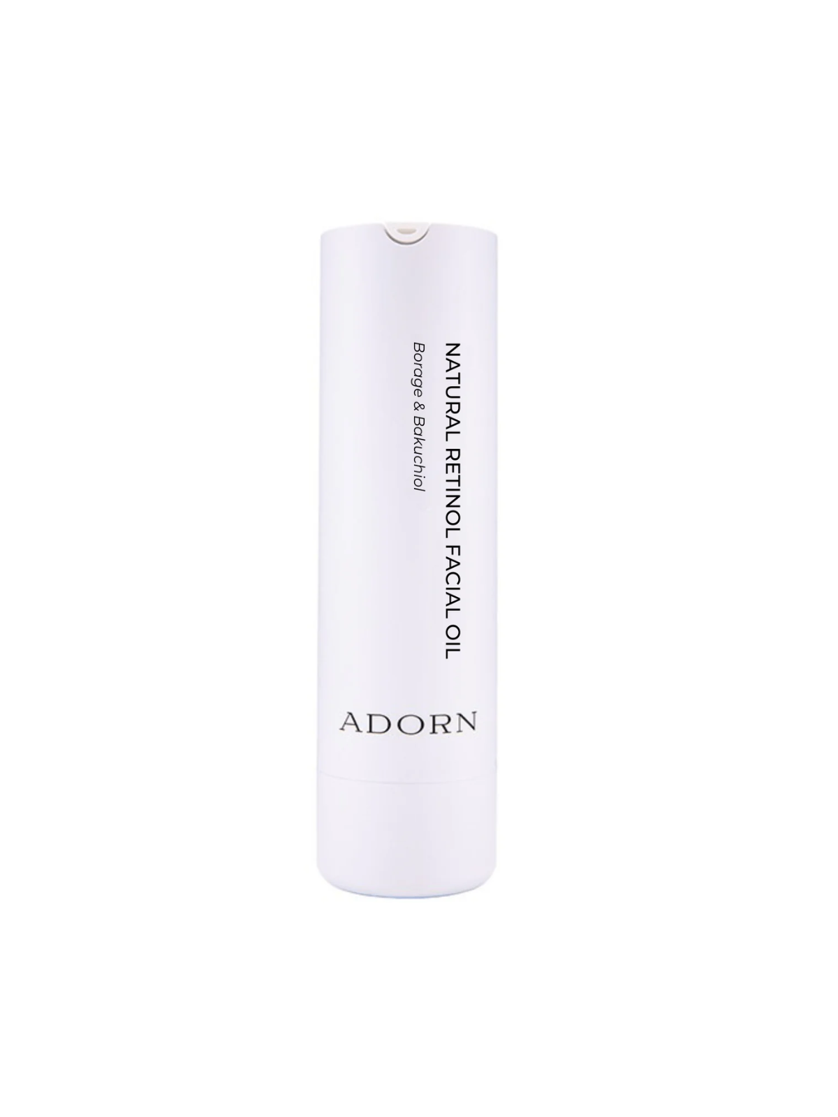 White cylindrical container of Adorn Natural Retinol Facial Oil on a white background