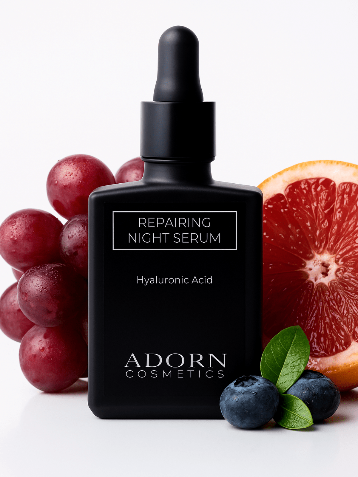 Black repairing night serum bottle with grapes, grapefruit, and blueberries on a white background