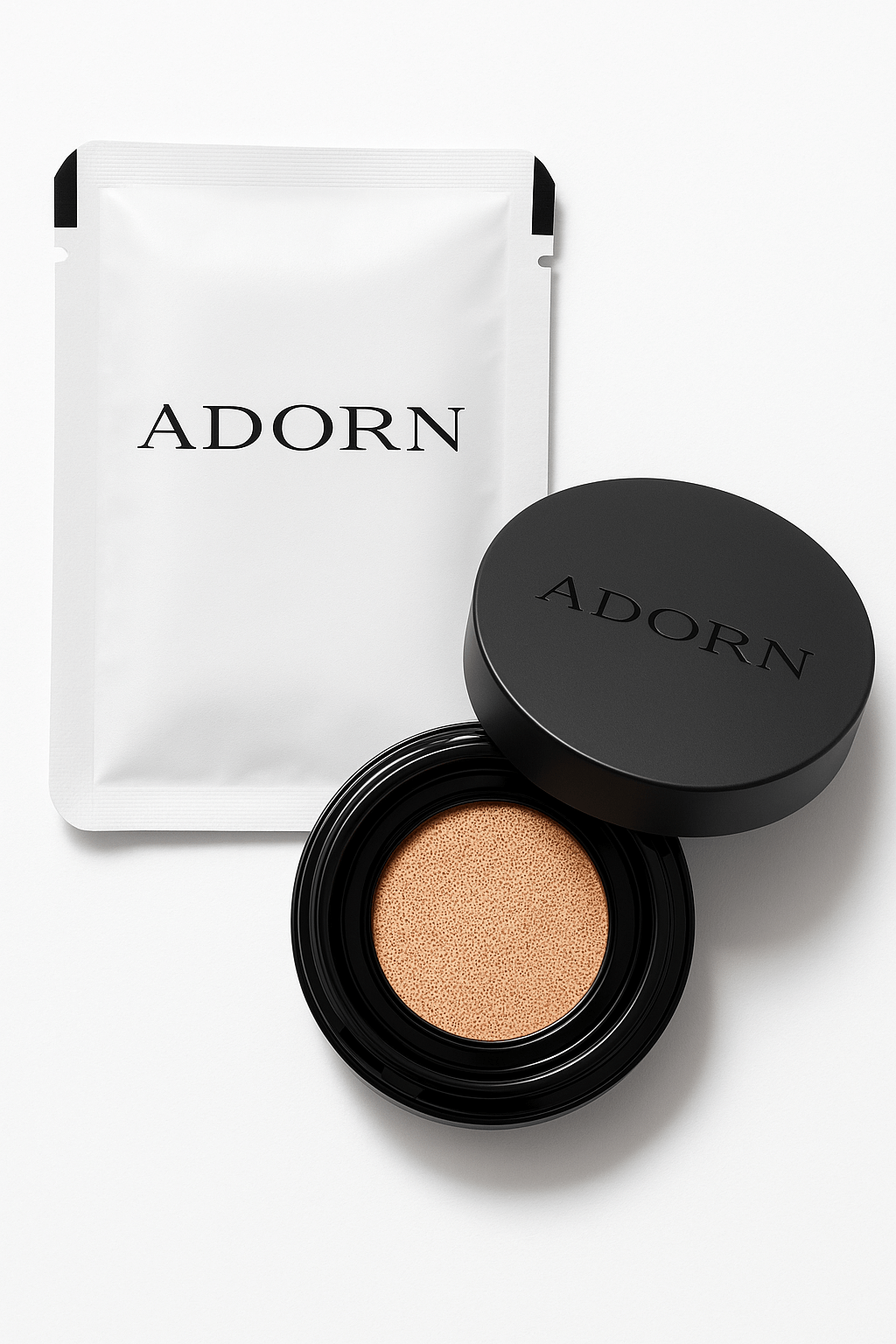 Open natural mineral foundation with beige powder and closed black compact with 'ADORN' branding on a white background.
