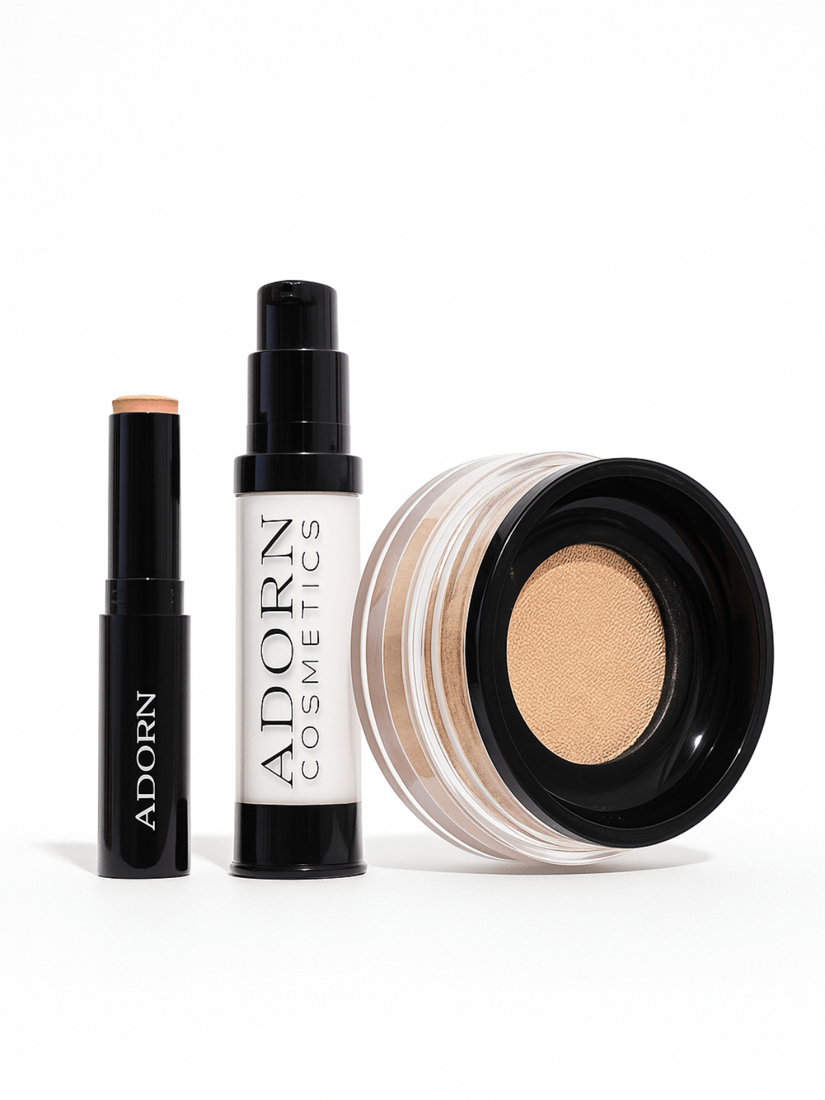 Makeup Set Australia including a primer, concealer for dark circles, and mineral foundation powder on a white background.