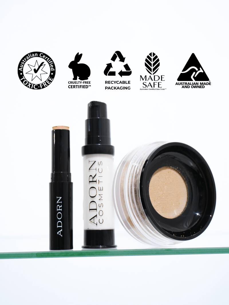 Adorn Cosmetics makeup set australia products on a white background with certification logos.