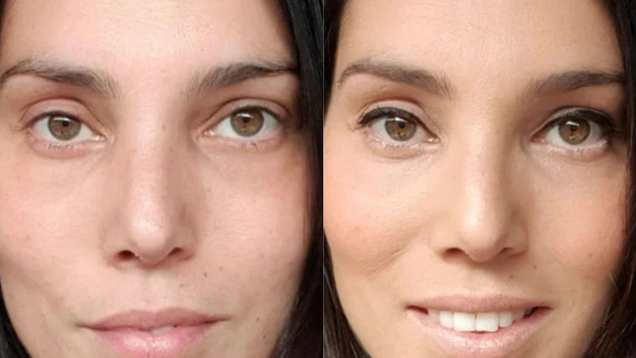Before and after comparison of a woman's face with visible makeup application.