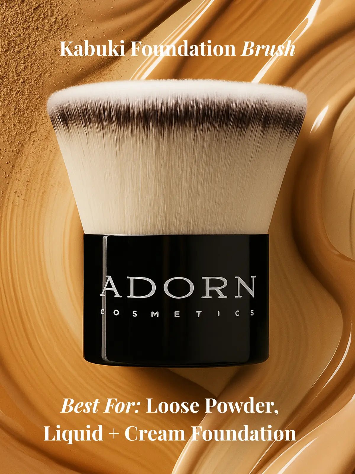 Kabuki foundation brush with Adorn Cosmetics branding on a brown background