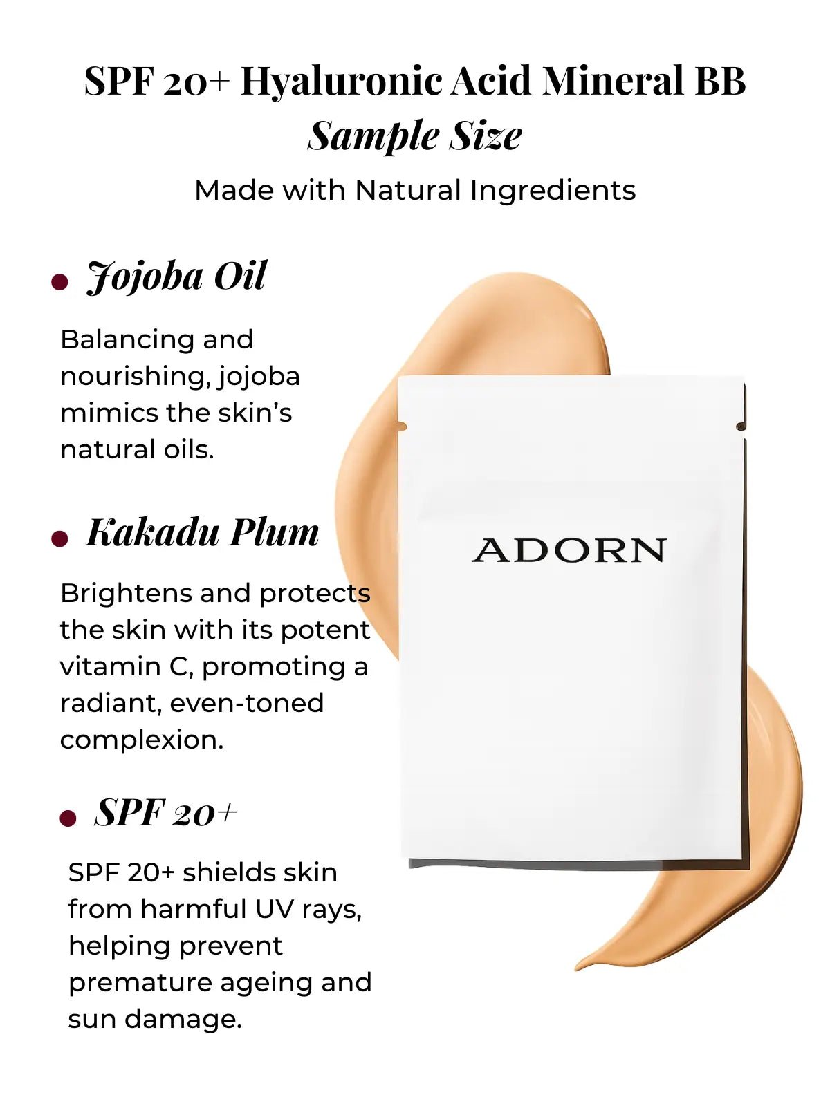 BB cream sample with Adorn branding on a white background