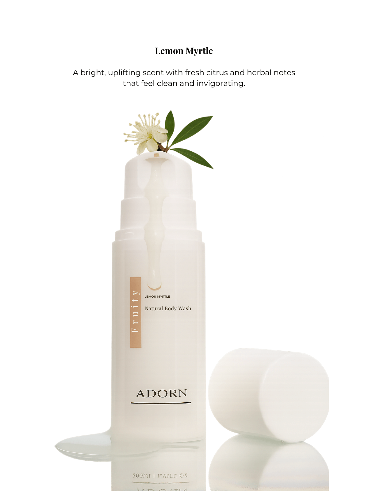 White bottle of Natural Lemon Myrtle body wash with a flower on a white background