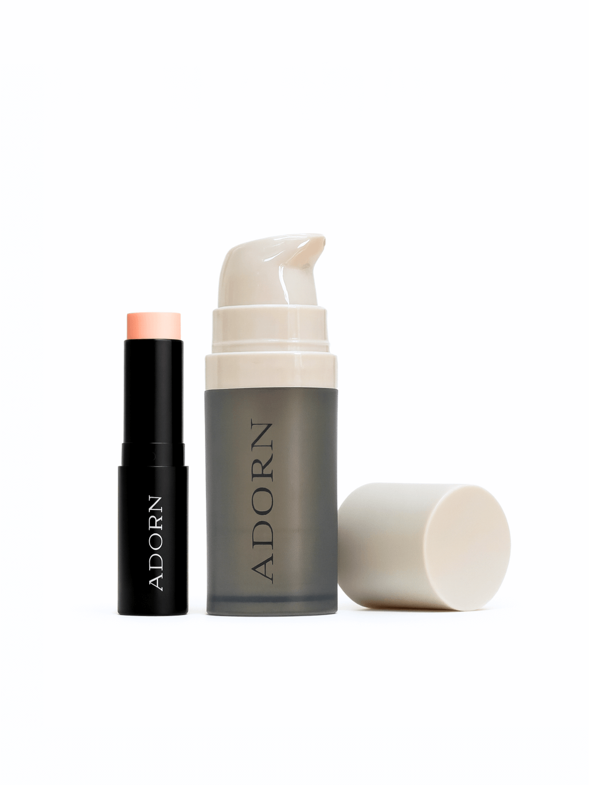 Cosmetic stick and jar with 'ADORN' branding on a white background