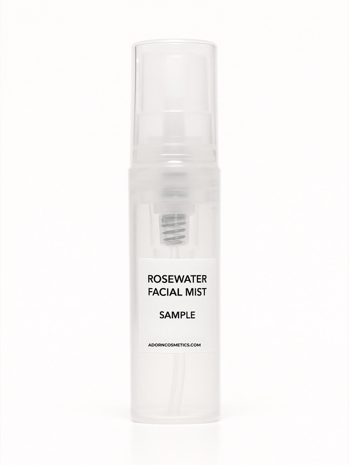 Rosewater facial mist sample bottle on a white background