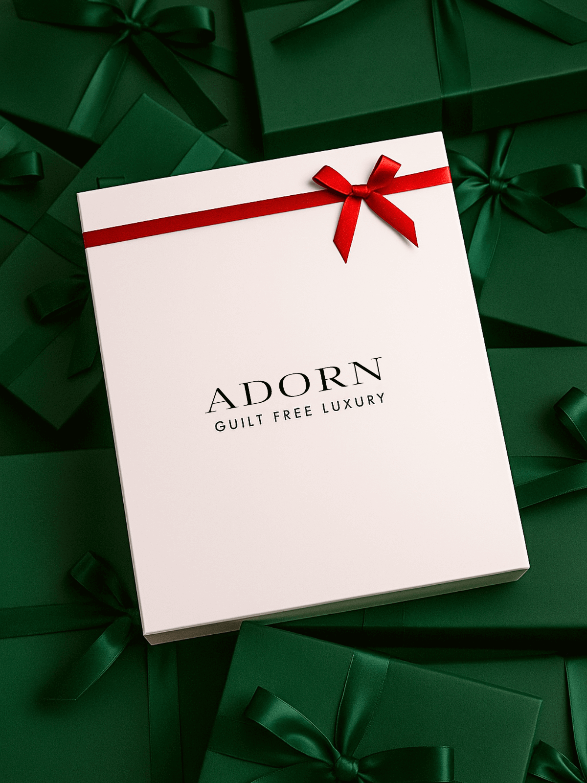 Advent calendar beauty gift box with red ribbon and 'Adorn' branding on a green background.