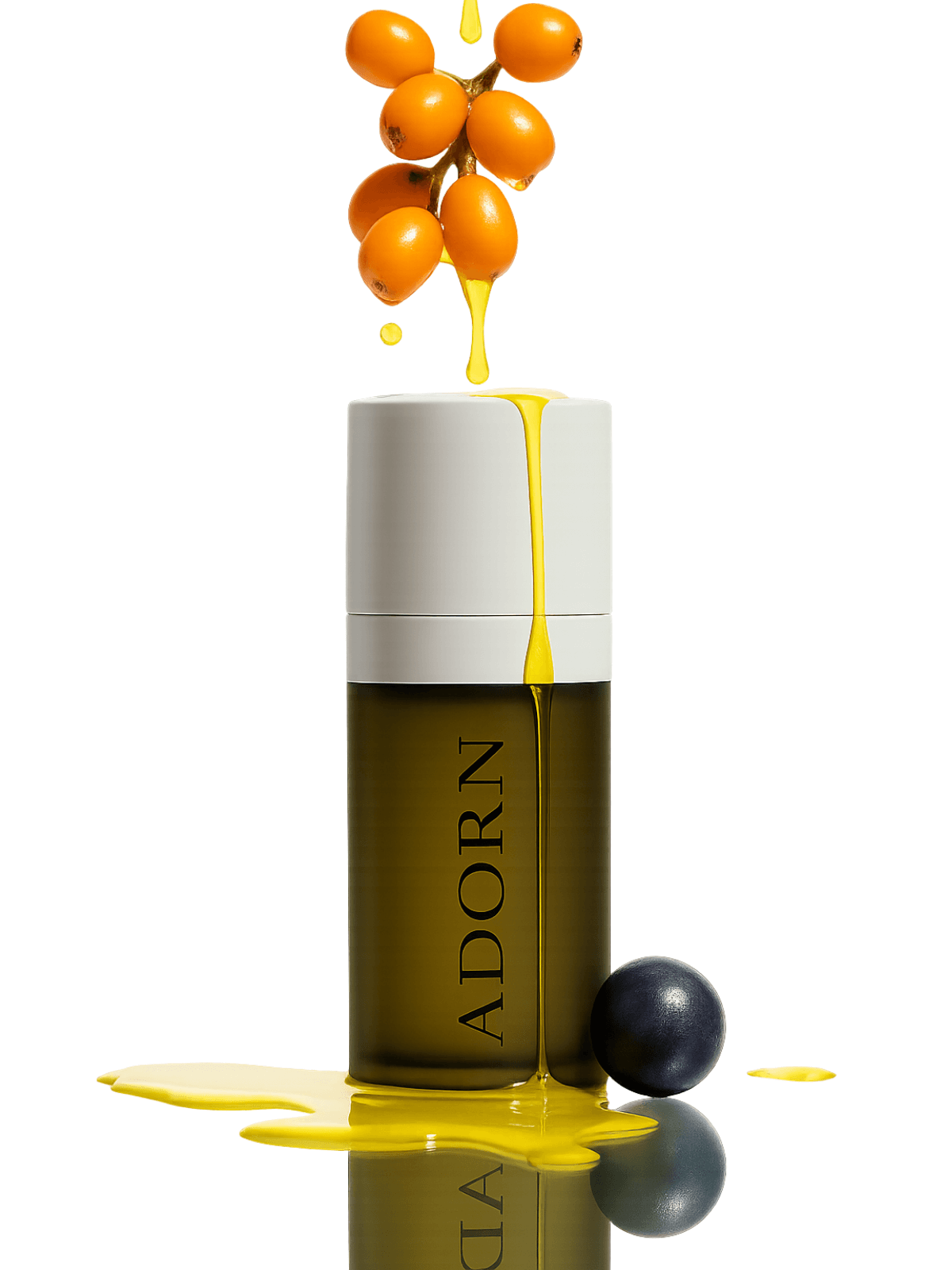 Skincare bottle of travel size makeup removing oil labeled 'ADORN' on a white background