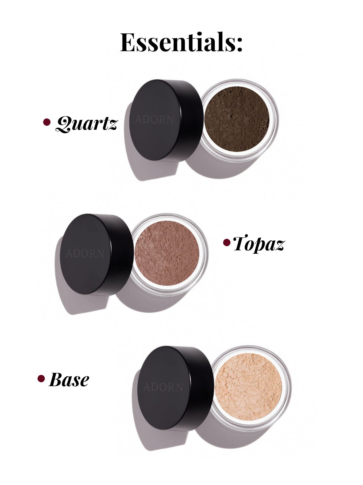 Three cosmetic containers labeled 'Quartz', 'Topaz', and 'Base' on a white background.