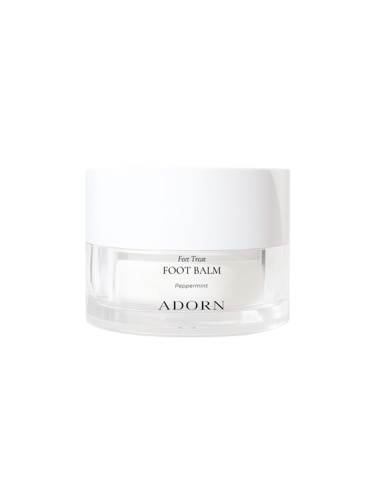 Foot balm jar labeled 'Adorn' on a white background