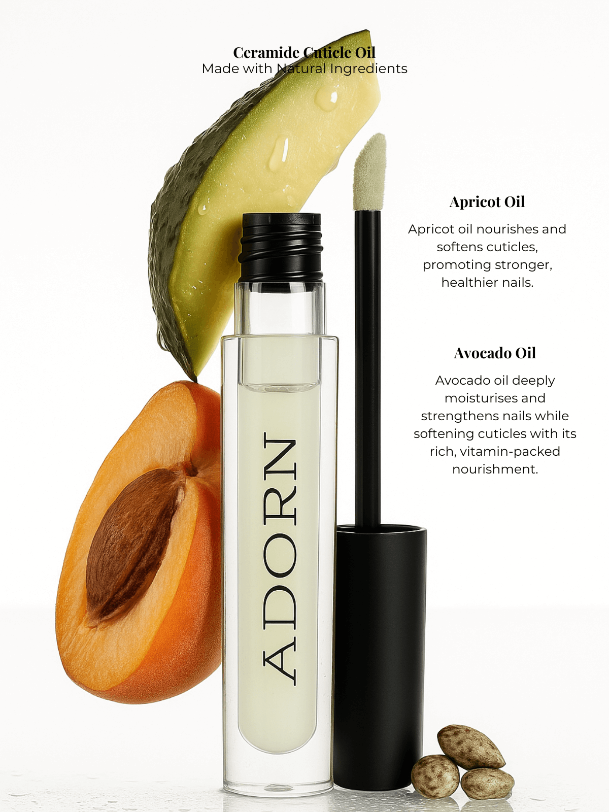 cuticle oil with avocado, apricot, and nuts on a white background
