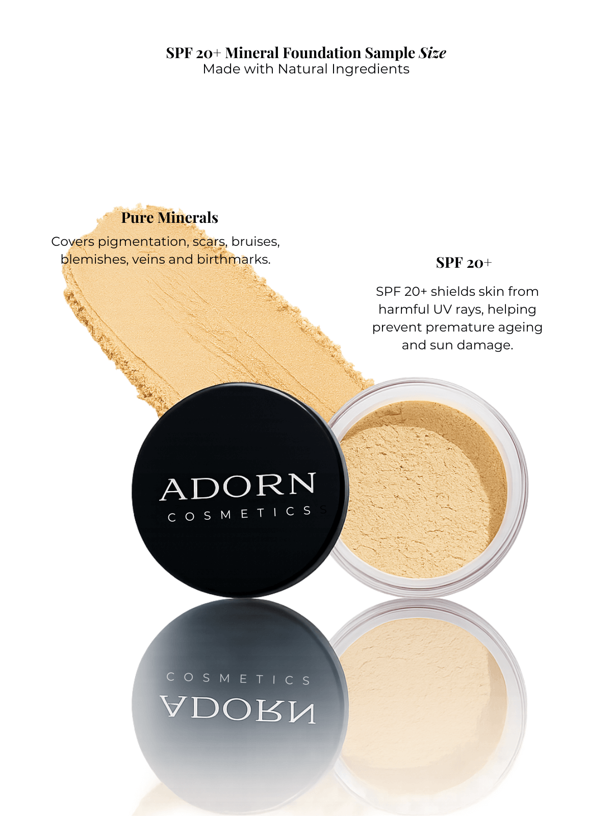 Adorn Cosmetics mineral foundation sample with packaging on a white background