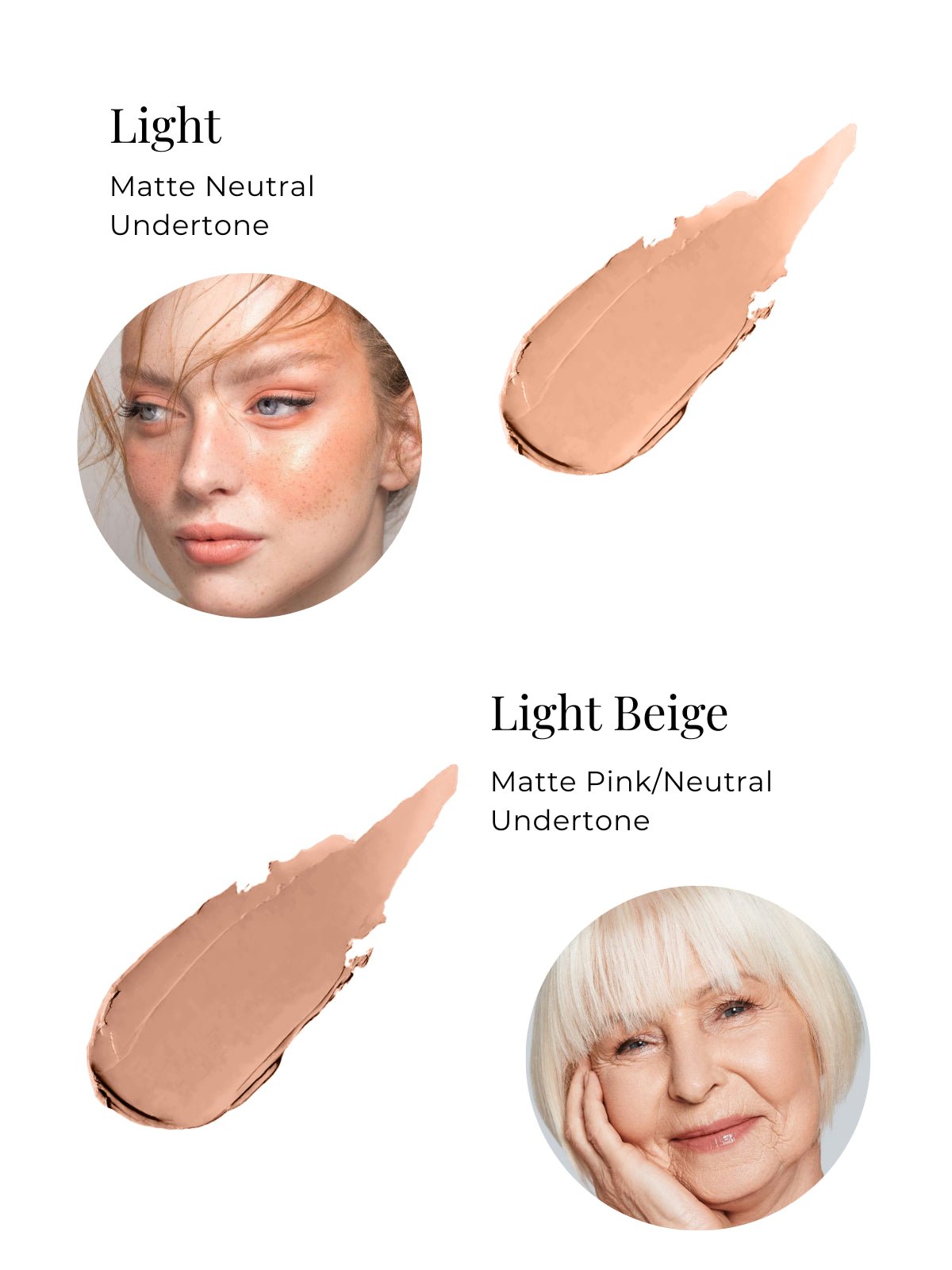 Cosmetic product swatches with 'Light' and 'Light Beige' labels on a white background.