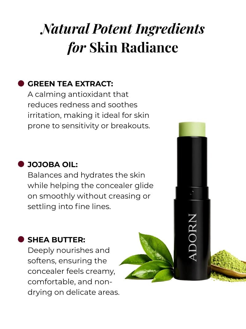 Product with green tea extract, jojoba oil, and shea butter for skin radiance on a white background.