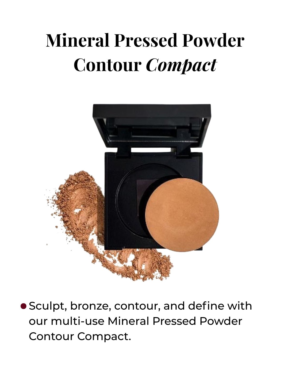 Mineral pressed powder compact with a scoop of powder on a white background