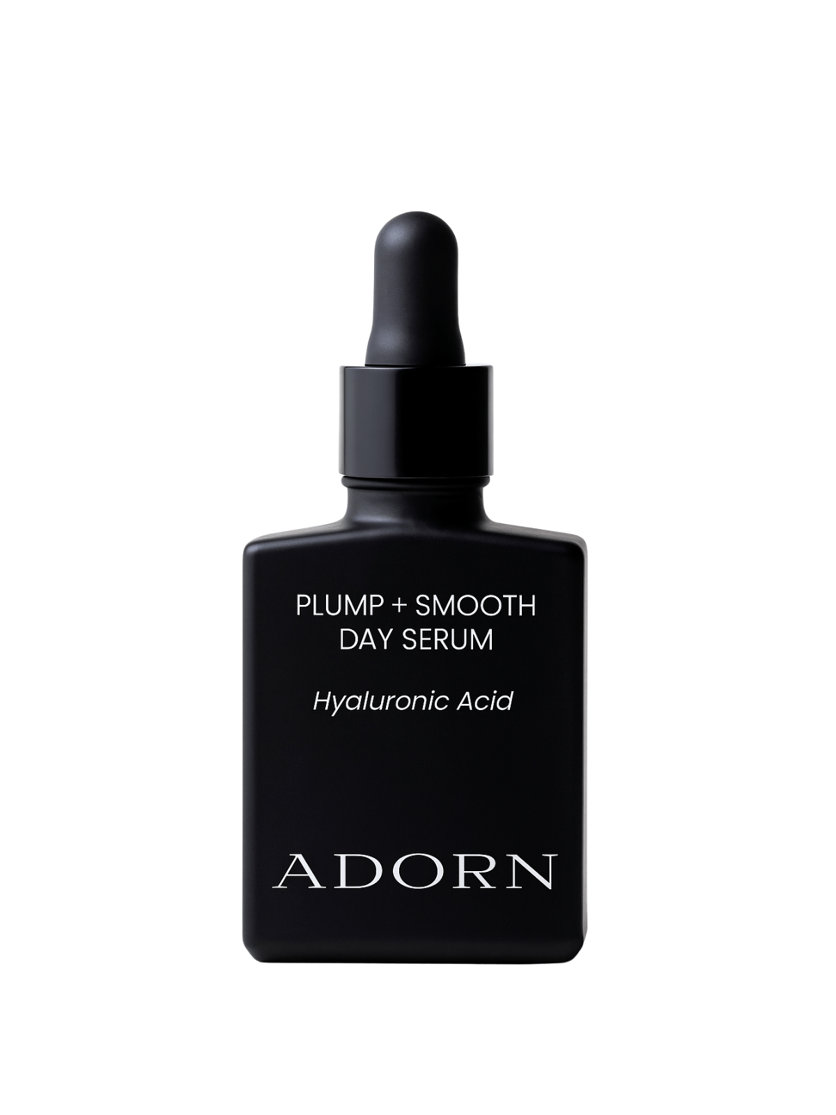 Black serum bottle of plumping face serum with dropper labeled 'Plump + Smooth Day Serum' by 'ADORN' on a white background