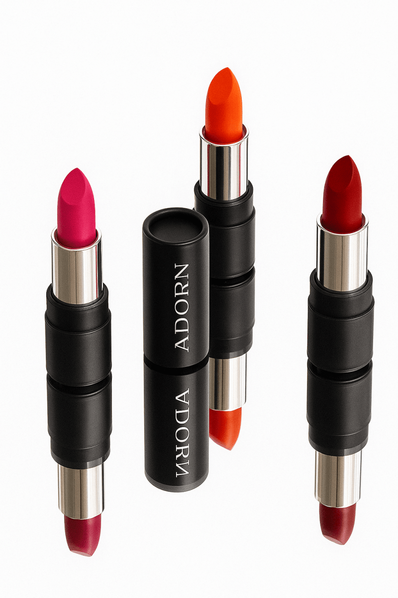 Three lipsticks with red and orange shades on a white background, branded 'Adorn'.