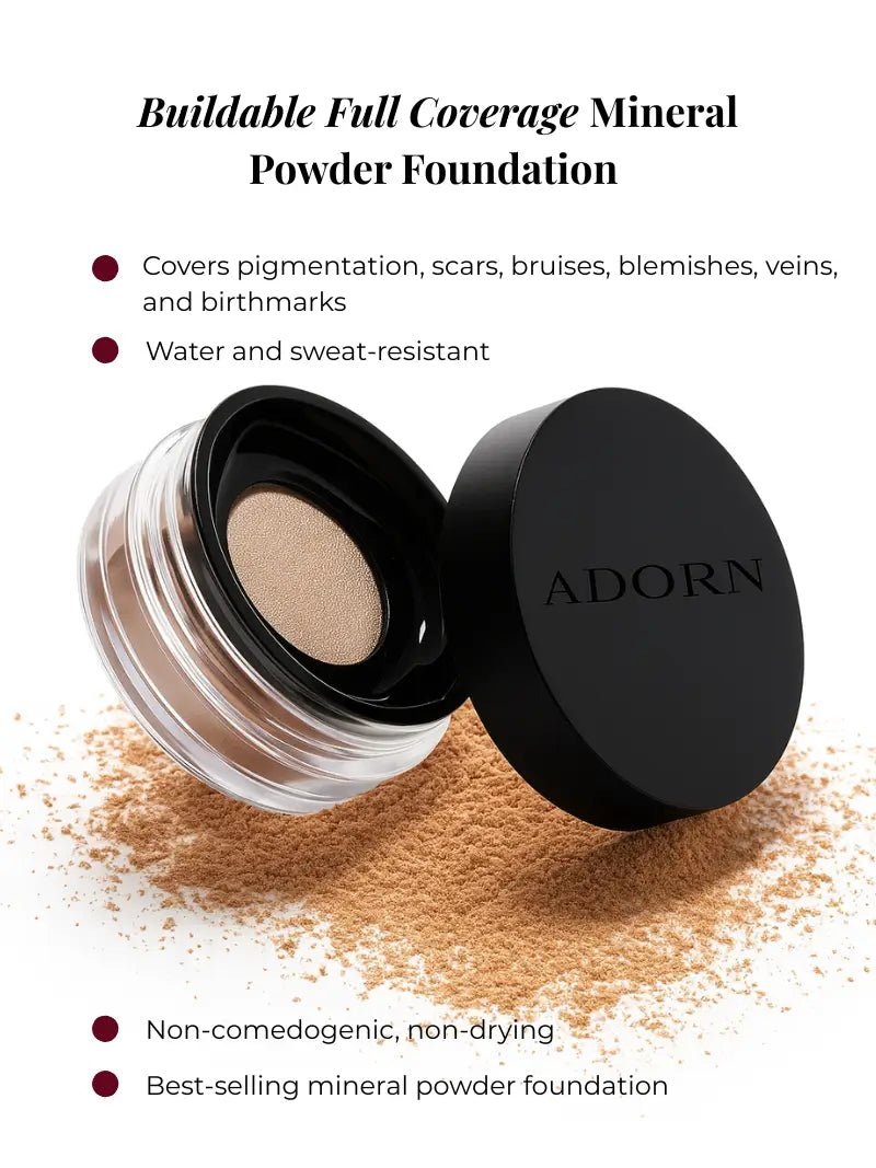 Loose mineral foundation shade range — SPF 20+ zinc oxide for mature skin, vegan