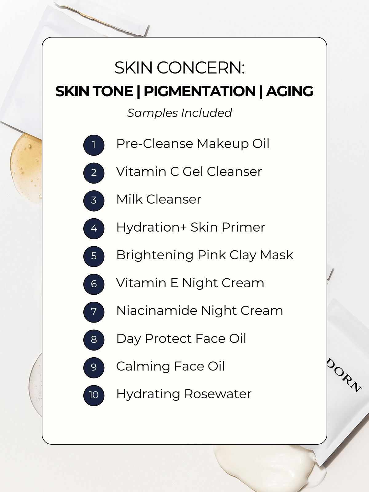 List of skincare products for skin tone, pigmentation, and aging with a white background.