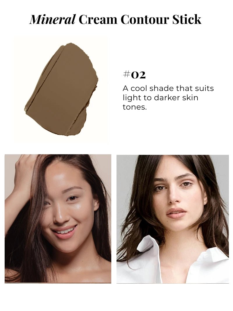 Mineral cream contour stick shade #02 with two model demonstrations on a white background